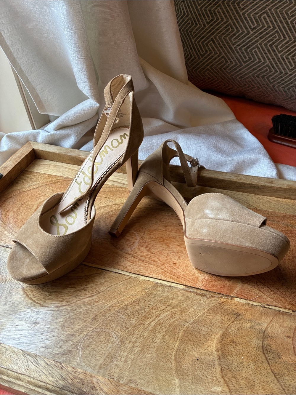 Sam Edelman Tan Suede Platform Peep-Toe Ankle Strap Heels